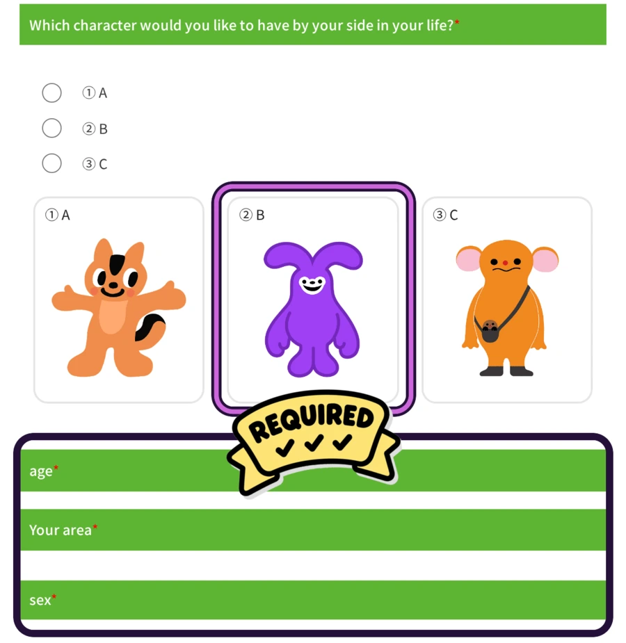 The official voting form, translated to English, with option 2 B, the purple rabbit, highlighted, and the three required fields — age, area, sex — bracketed below it